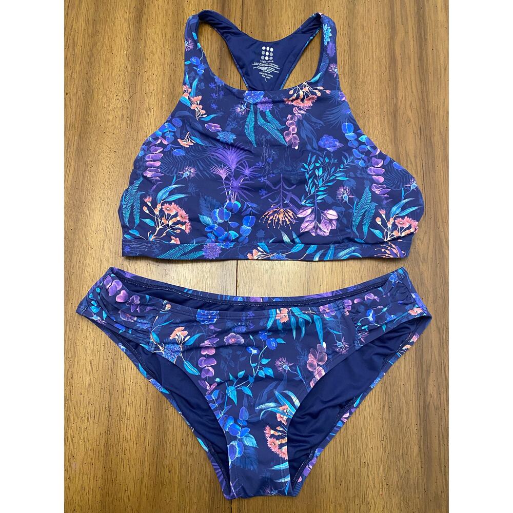 Title Nine Floral High-Neck One-Piece Swim in Navy with Teal & Pink
